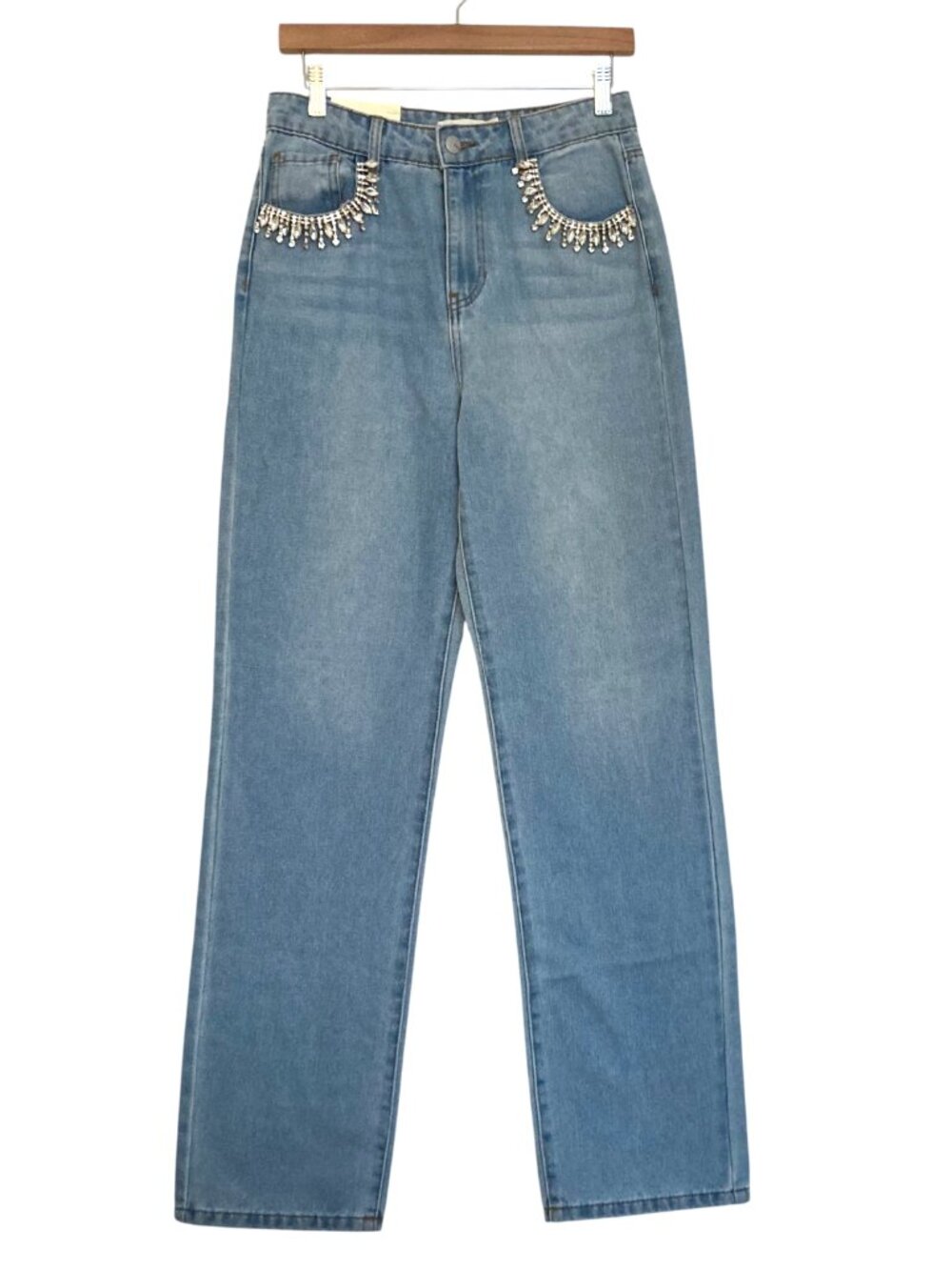 tgla High Rise Straight Leg Embellished Jeans Rhinestone Pockets Blue NEW